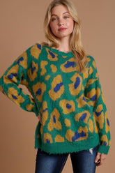 Umgee Full Size Leopard Destroyed Rib Band Sweater Plus Size Green OutfitFlow